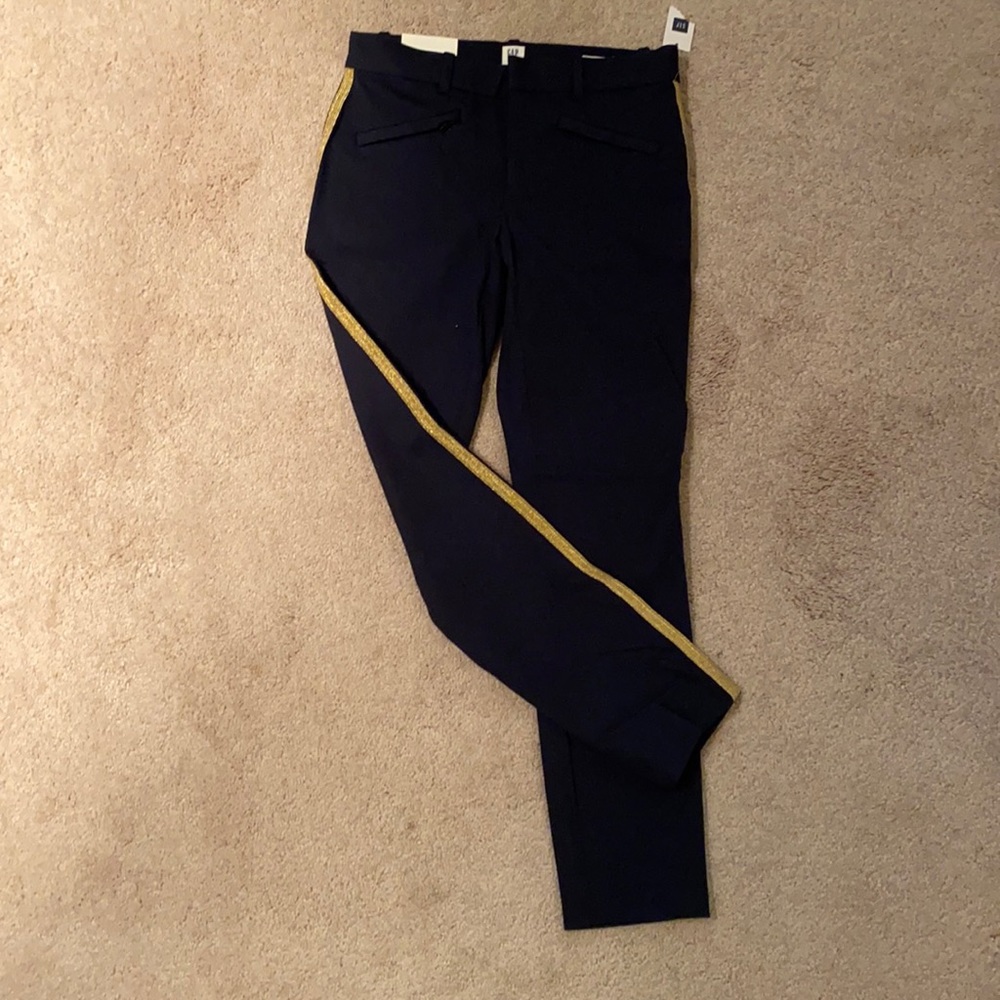 Stretch navy tuxedo pants with shined gold stripe